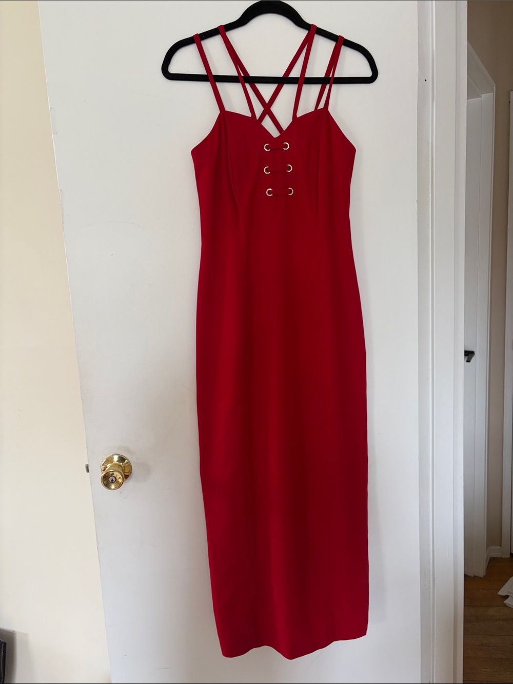 Red Strapless Midi Dress with Lace-Up Bodice